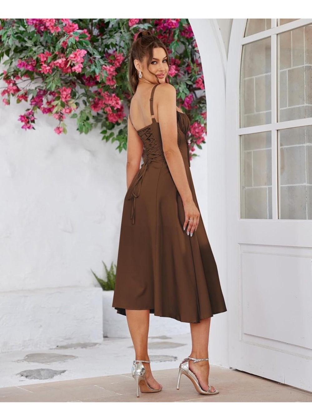 Chic Brown Lace-Up Back Midi Dress